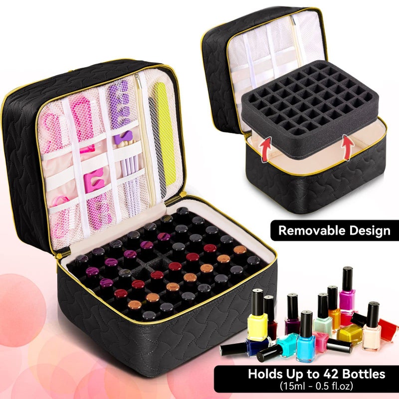 DreamGenius Nail Polish Organizer Case Holds 42 Bottles (15ml/0.5 fl.oz)  Double-Layer Nail Polish Storage with Adjustable Dividers  Portable Nail Polish Bag for Nail Gel Nail Lamp and Manicure Tools  Black - Image 3